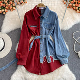 kamames kamames Spliced Corduroy Lapel Dress 2023 Autumn And Winter New Korean Version Waist Shows Thin Irregular Medium Length