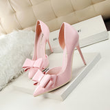 Elegant Bowknot Stilettos - Fashion Pointed-Toe Pumps with Cut-Out Side Design, Decorative Heel, and Slip-Resistant Soles for Women