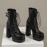 kamames Platform Women Punk Boots Square Toe Super High Heel Ankle Boots Lace Up Zipper Motorcycle Boots Autumn Winter Lady Shoes