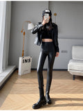 kamames Women Autumn New Fleece Matte PU Leather Pants Leggings Elastic Slim Skinny Leggings Windproof Winter Warm Sexy Legging