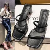 kamames new women's shoes summer square head fish mouth word sandals and slippers women's thick heel medium heel slippers pumps