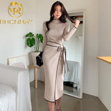 Zingj Patchwork Slim Woman Dress Vintage Full Sleeve Knitted Midi Dress Women Autumn Winter Elegant Sweater Knit Dress 2021