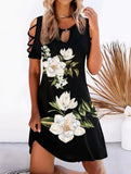 kamames Women Floral Print Party Dresses Sexy Summer Short Sleeve O-Neck Mini Dress For Ladies Hollow Out Design Elegant Dress 5147