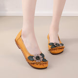 kamames Summer New National Wind Leather Flower Single Shoes Beef Tendon Bottom Leisure Flat Bottom Women's Shoes Middle-Aged And Elderly