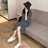 kamames Sleeve Dress Women Hot Sale S-3XL Leisure Cozy Simple Basic Striped Preppy Style Clothing Students Midi Sundress Chic BF