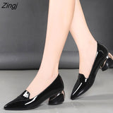 kamames Size 34-42 Ol Office Lady Shoes Black Patent Leather Dress Shoes Pointed Toe Boat Shoes Med Heels Pumps zapatos mujer