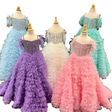 Ruffles Candy Color Girl Pageant Dress  Feather Crystals Pearls Little Kid Birthday Formal Party Gown Infant Toddler Teens Tiny Young Junior Miss Aqua Pink Lilac