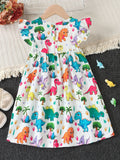 Girls Adorable Dino Graphic Flutter Sleeve Dress - Perfect for Summer Parties & Outdoor Fun - A Delightful Gift Option