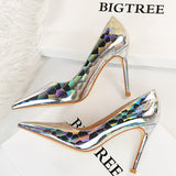 BIGTREE Shoes New Patent Leather Woman Pumps Metal Stone Pattern High Heels Designer Women Heels Stiletto Female Pumps Size 43