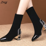 kamames Short Boots Woman Mid Calf Boot Elastic Fabric Rhinestone Square Heel Women's Winter Shoes Black Female Footware