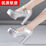 kamames High Heel 12Cm Cheongsam Model Catwalk Shoes Women's Thick Soles Waterproof Platform Silver Round Head Stage Performance Shoes Women's Singles Shoes