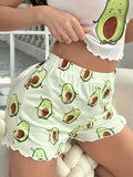 Adorable Cartoon Avocado Print High-Waisted Frill Trim Pajama Bottoms - Soft Micro Elastic Polyester Knit Fabric, Comfy Casual Sleepwear & Loungewear for Women - All Seasons, Random Print Design