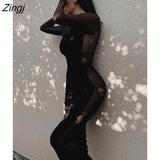 Zingj Mesh Transparent Midi Dresses Women Slim Round Collar Ladies Outfits Long Sleeve Fashion Elegant Female Stitching Dress