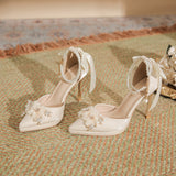 kamames kamames Flower Bow Pearl Chain Waterproof Platform Heel Heels Not Tired Wedding Shoes High Heels