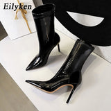 kamames 2023 New Winter Ankle Boots Women Fashion High Quality Smooth Patent Leather Pointed Toe Party Ladies Pumps Shoes