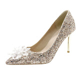 kamames kamames Crystal Silver Bride Shoes 2023 Autumn Tip Chinese Wedding Shoes Silver High Heels High Heels Heel Sequins