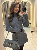 kamames kamames Neck Solid Knitted Ribbed Mini Dress Women Elegant Long Sleeve Slim Fit Short Dress 2023 Autumn Fashion Female Party Robes 1127-1