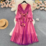 kamames Women's Fashion France Vintage Pleated Long Dress Summer Autumn Sexy V-Neck Lace Up Party Runway Vestidos Female Elegant Robe