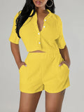Womens Solid Color Vacation Shorts Set - Stylish Button Front Crop Top & Elastic Waist Shorts Outfit - Comfortable Quick-Dry Fabric with Handy Pockets - Perfect for Summer Getaways and Everyday Wear