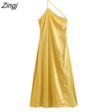 kamames Women Sexy Single Shoulder Solid Color Soft Satin Asymmetrical Midi Dress Female Chic Backless Side Zipper Vestido DS2149