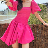 kamames Vintage Fairy Dress Women Red Sweet Princess Party Mini Dress Female 2021 Summer Beach Puff Sleeve Holiday Korean Dresses