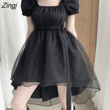 kamames Mini Dresses Women Black Mesh Irregular Slim Square Collar Puff Sleeves Ruffles Korean Style Elegant Trendy Ulzzang Casual