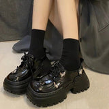 kamames Leather Shoes Female College Style 2024 Early Spring New Square Head Thick-Soled Bow High-Heeled Retro Lace Casual Shoes
