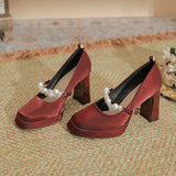 kamames kamames Square Head Thick Heel High Heels 2024 Spring French Pearl One Word Buckle Satin Wedding Shoes Bride Shoes