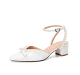 kamames kamames Summer New French Middle Heel Baotou Sandals Women's Thick Heels With Pearl High Heels Fairy Wedding Shoes