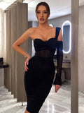 kamames Sexy Mesh One Shoulder Midi Dress For Women Robe Fashion Elegant Backless Bodycon Long Dress Vestido Clubwear