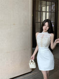 kamames Spicy Girl Lace Stitching Dress Women Summer White Temperament Waist Sleeveless Wrap Hip Short Dress Fashion Lady Clothes