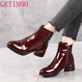 GKTINOO Women Boots 2021 New Woman Short Boots Soft Patent Genuine Leather Autumn/Winter Shoes Square Heels Female Footware