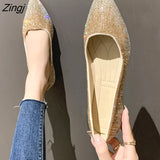 kamames Diamond Flat Shoes Woman Pointed Toe Loafers Flat Shallow Lighter Crystal Shoes Diamond Pointed Hidden Heel Wedding Shoes