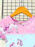 Midi Length Fitted Unicorn Graphic Dress for Girls - Soft Slight Stretch Polyester, Breathable Short Sleeve, Crew Neck, Flared Hem, Random Print, Comfy Casual Style for Summer Holiday