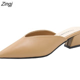 kamames Summer Fashion Women Pointed Toe Slipper Nude White Square Low Heels Outsides Ladies Slides Luxury Brand Beach Mules Shoes