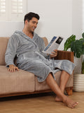 Men's Solid Color Flannel Hooded Robe, Pajama Set With Pockets For Home Wear, Comfy & Gentle Style, Perfect For Fall/Winter