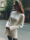 kamames kamames Neck Solid Knitted Ribbed Mini Dress Women Elegant Long Sleeve Slim Fit Short Dress 2023 Autumn Fashion Female Party Robes 1127-1