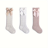 3 Pairs Of Baby Girl's Bowknot Doll Pattern Solid Knitted Socks, Mesh Cotton Blend Comfy Breathable Soft Calf Socks For Toddler Outdoor Wearing