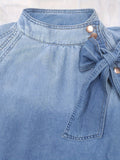 Fashionable Womens Denim Top - Chic Puff Sleeves with Bowknot Accent - Timeless Plain Design - Distressed Washed Look - Versatile & Feminine Casual Style