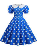 kamames Women Summer Dress Puff Short Sleeve Polka Dot Peter pan Collar Vintage A-line Midi Long Party Sundress Robe Femme