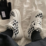 kamames spring and summer women's shoes thick-soled sneakers black and white plaid casual girls student vulcanized shoes Lace-up
