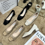 kamames Tie Shallow Mouth Single Shoes Women's Thick Heels 2024 Spring And Autumn New Style Square Head Middle Heel Grandma Shoes High Heel Work Shoes