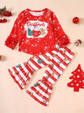 2pcs Girl's Long Sleeve Christmas Style Outfit, Top & Flared Pants Set for Spring Fall, Kid's Outdoor Santa Party Wear