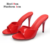 kamames Summer Slippers Women Shallow Solid Color One word with Home Sandals Beach Shoes Sexy High Heels 7cm Thin Heels Pu Women Shoes
