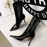 BIGTREE Shoes Patent Leather Mid-Calf Boots Women Sexy High-heel Boots Stiletto Women Elastic Leather Boots Autumn Winter Boots