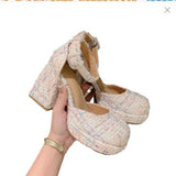 kamames kamames Spring And Summer Barbie Pink Single Shoes Waterproof Platform With Baotou Thick Heel Hollow Mary Jane Square Head High Heels