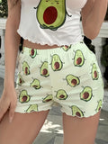 Adorable Cartoon Avocado Print High-Waisted Frill Trim Pajama Bottoms - Soft Micro Elastic Polyester Knit Fabric, Comfy Casual Sleepwear & Loungewear for Women - All Seasons, Random Print Design