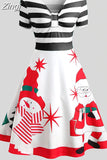 kamames Dress Women Winter Santa Claus Striped Print Elegant Short Sleeve V-neck Xmas Party Midi Sundress