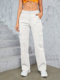 Womens High-Waist Cargo Pants - Loose-Fit, Wide-Leg Design with Flap Pockets - Casual Sporty Jeans for Activewear