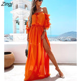 kamames Long Dress Women Off Shoulder Chiffon Dress Lace-up Solid Color Ruffle Beachwear Blue/Orange